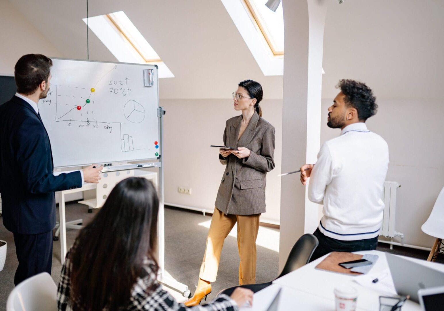 A group of people in front of a whiteboard